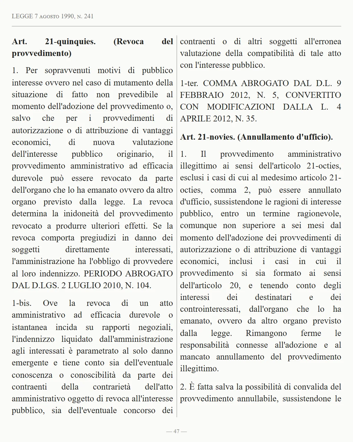 Testo ufficiale della legge su annullamento e revoca, in formato di codice giuridico